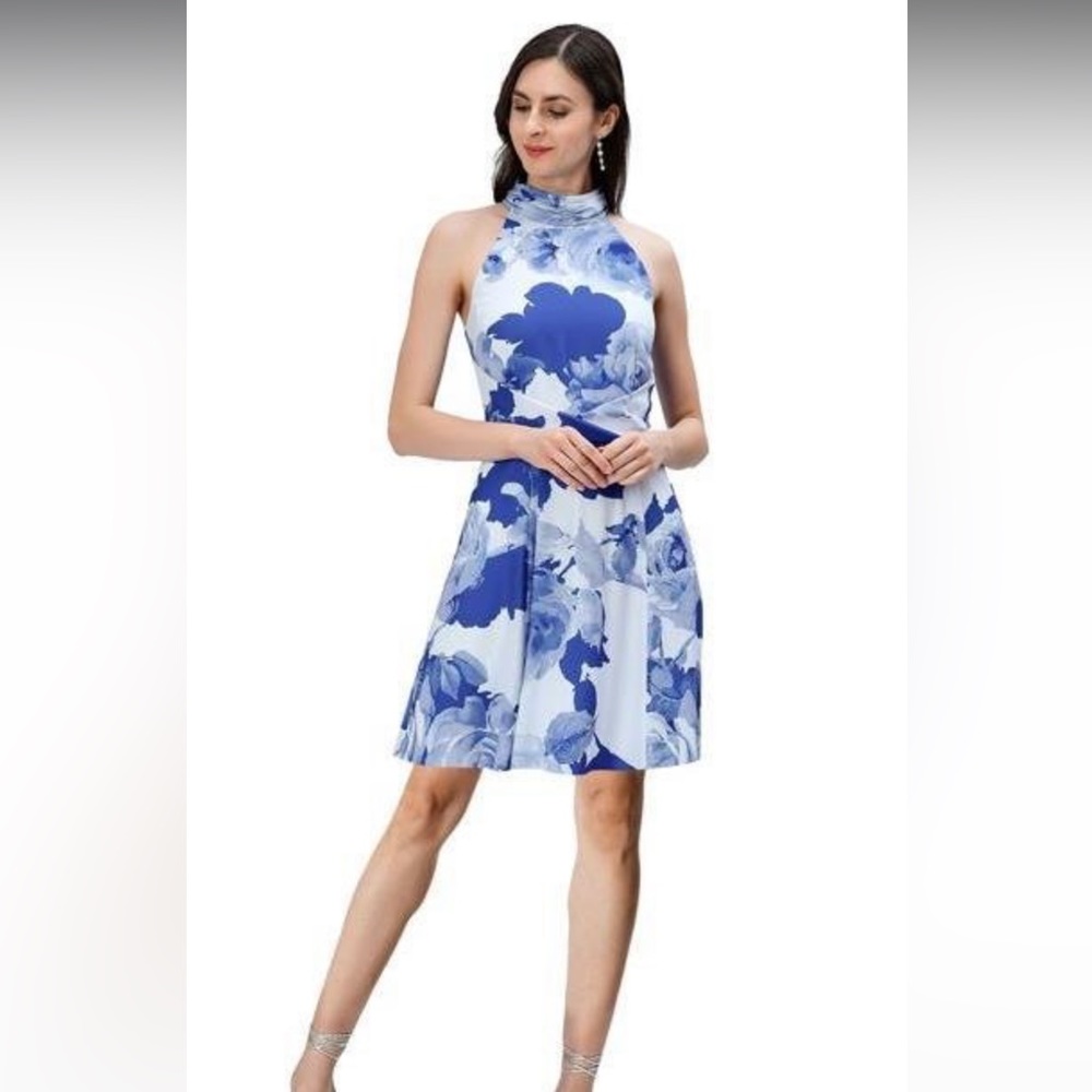 eShakti Watercolor Floral Crepe Halter Dress Womens M etc